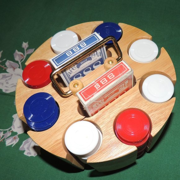 Metal Handled, Lazy Susan Rotating Solid Wood Carousel w/Vintage 1960's Chips - Picture 5 of 8